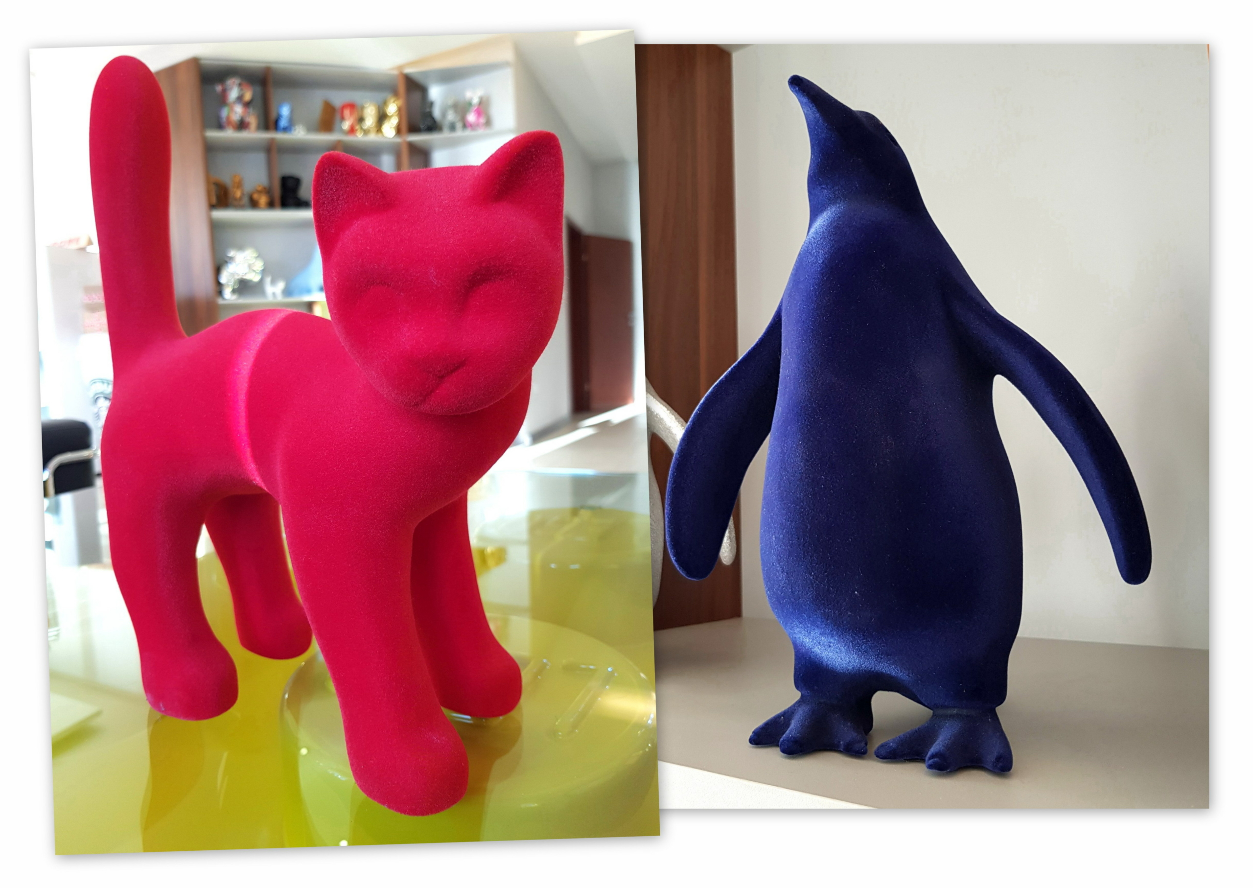 flokowany kot i pingwin