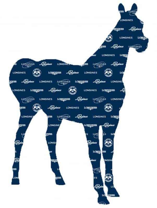 Sylwetka konia na granatowym tle z logotypami marki Longines.