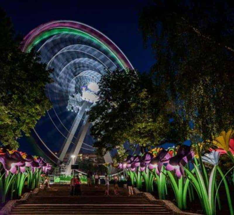 Legendia flower 3 Diabelski młyn nocą, otoczony kolorowymi, podświetlonymi kwiatami i drzewami.