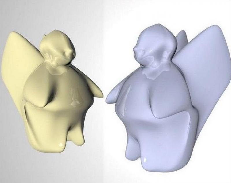 Futurystyczny anioł na stoisko targowe 1 Dwie abstrakcyjne rzeźby przedstawiające anioły, jedna w kolorze żółtym, druga w kolorze niebieskim.