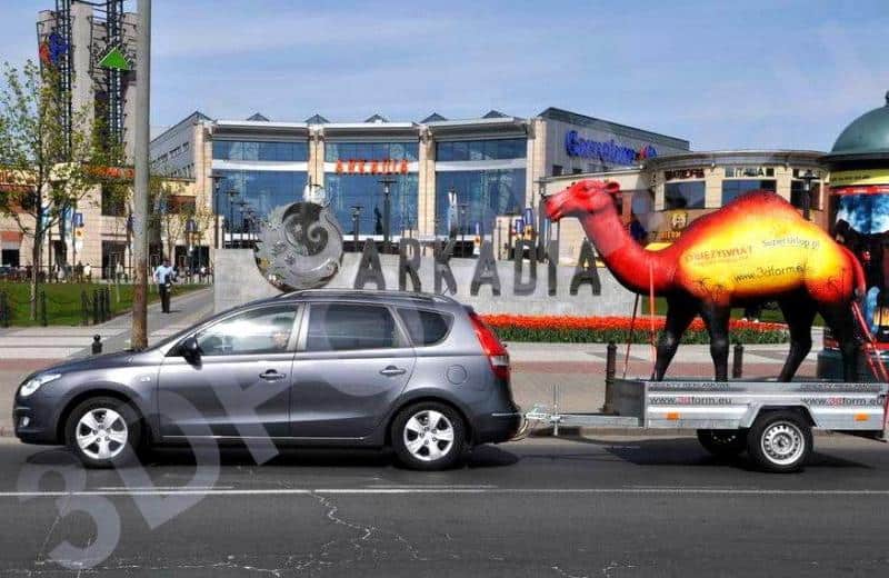 Mobilna makieta wielbłąda 3 Samochód ciągnący przyczepę z wielbłądem przed centrum handlowym Arkadia w Warszawie.