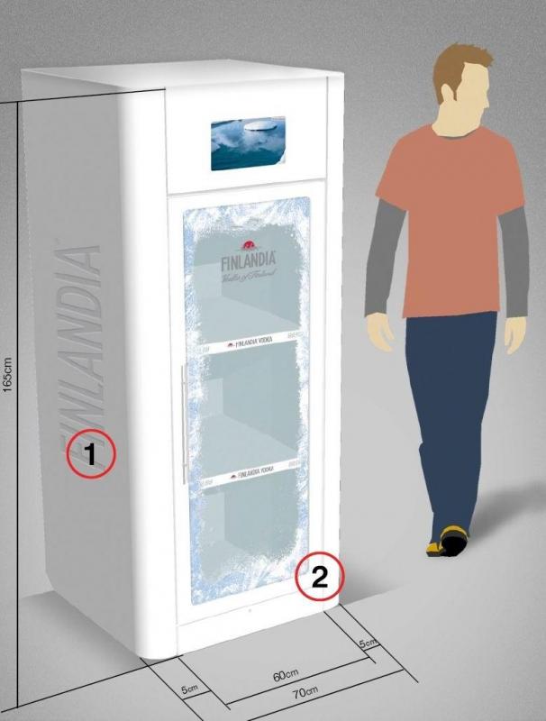 Witryna chłodnicza FINLANDIA 3 Biała lodówka z logo Finlandia, wymiary 165 cm wysokości i 70 cm szerokości, przedstawiona obok sylwetki człowieka.