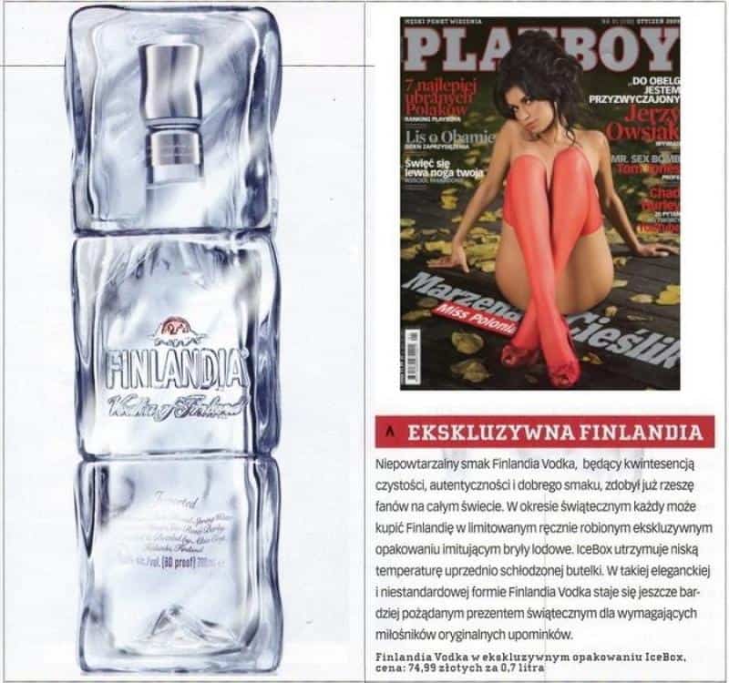 Opakowanie promocyjne Finlandia 3 Butelka wódki Finlandia w opakowaniu przypominającym bryłę lodu oraz magazyn Playboy z kobietą w czerwonych pończochach na okładce.
