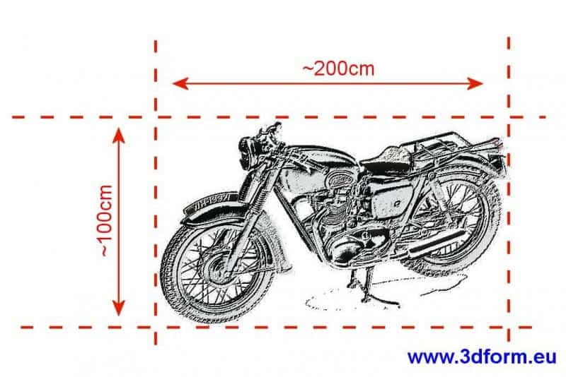 Kultowy Motocykl - Pomnik w Żaganiu 3 Motocykl z zaznaczonymi wymiarami: długość ~200 cm, wysokość ~100 cm, z adresem strony www.3dform.eu.