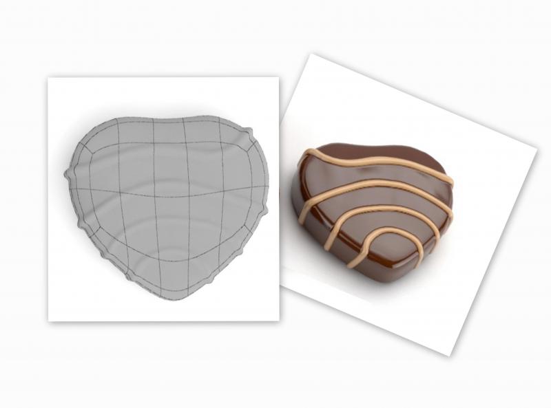 Pralinki 3 Serce z czekolady z wzorem z jasnych linii obok siatki modelu 3D serca.