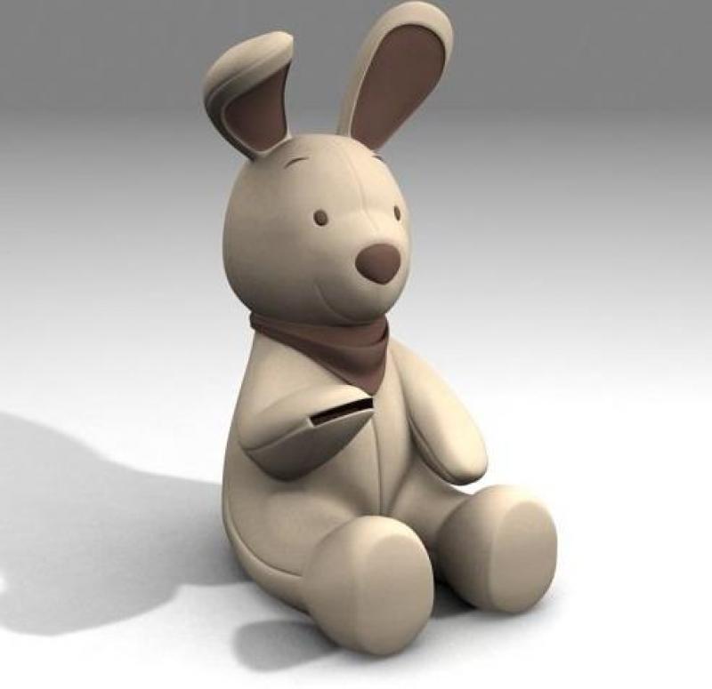 Królik skarbonka 4 Biała pluszowa zabawka w kształcie królika z brązowymi uszami i brązową chustką na szyi.