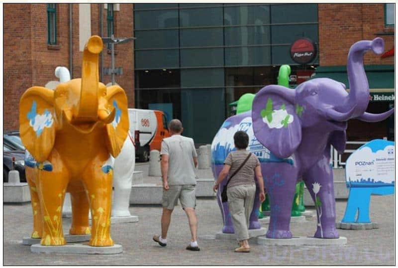 Poznańskie słonie reklamowe 2 Kolorowe rzeźby słoni na wystawie plenerowej, oglądane przez dwie osoby.