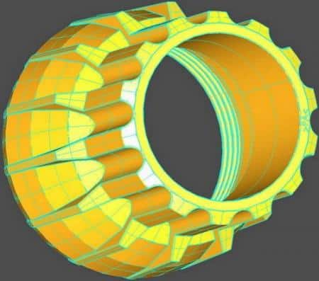 Trójnik - kształtka rurowa 2 3D model żółtej opony terenowej z nacięciami i bieżnikiem.