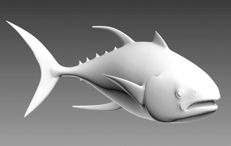 Ławica tuńczyków 2 Model 3D ryby z wyraźnymi płetwami i otwartymi ustami na szarym tle.