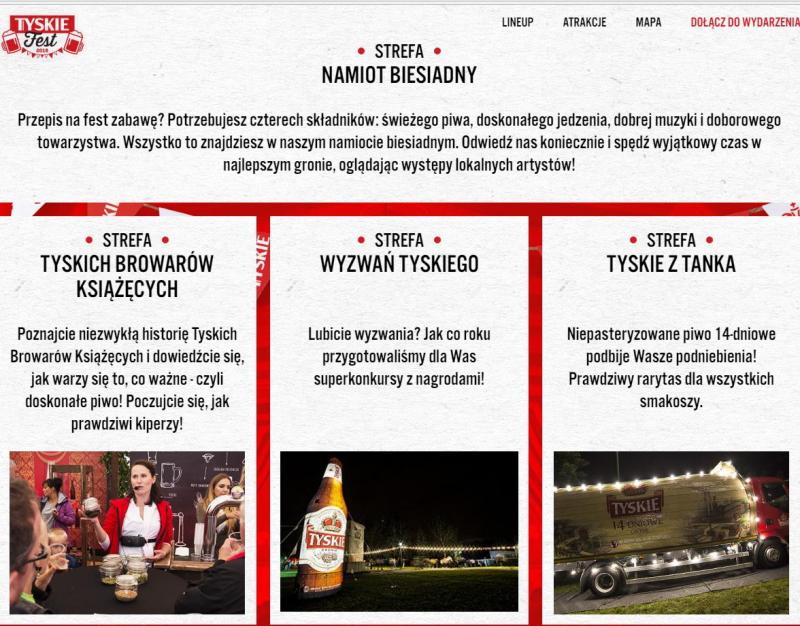 Reklama mobilna - TYSKIE z TANKA 3 Plakat Tyskiego Festu z opisem czterech stref: Namiot Biesiadny, Tyskich Browarów Książęcych, Wyzwań Tyskiego i Tyskie z Tanka.