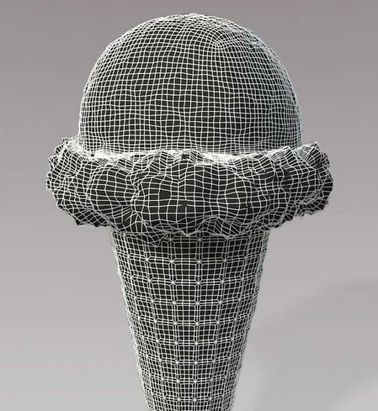 Makieta loda - Zielona Budka 2 Model 3D rożka lodowego pokrytego siatką geometryczną.