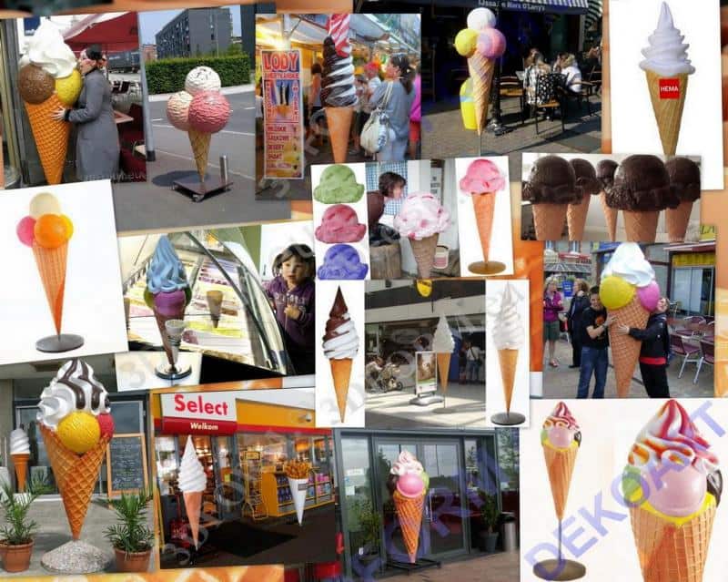 Makieta loda - Zielona Budka 1 Kolaż zdjęć przedstawiających różne rodzaje stoisk z lodami i figur lodów w kształcie rożków.