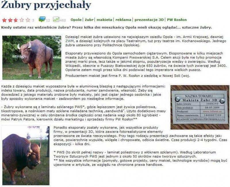 Figury reklamowe piwa ŻUBR 3 Artykuł o przyjeździe sztucznych żubrów do Opola, zdjęcia żubrów, informacje o produkcji makiet z laminatu, dane firmowe PW Rosłon.