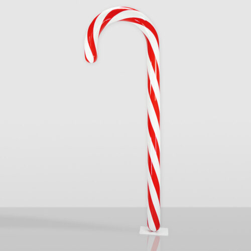 Czerwono-biała laska cukrowa w paski stojąca na jasnoszarym tle z refleksją na podłodze.